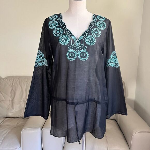 Saks Fifth Avenue Sz M Cotton Silk Embroidered Blouse Tunic Drawstring Black - Picture 1 of 12